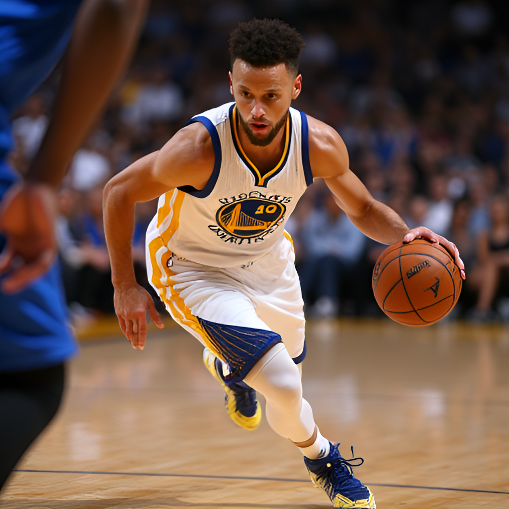 A close-up action shot of Stephen Curry dribbling the basketball against a defender, capturing his intense focus and the dynamic movement of the game.