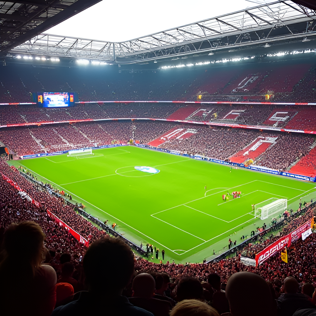 An aerial view of the BayArena stadium filled with fans, showcasing the vibrant atmosphere during a match between Bayer Leverkusen and Borussia Dortmund, with team banners and supporters in the stands.