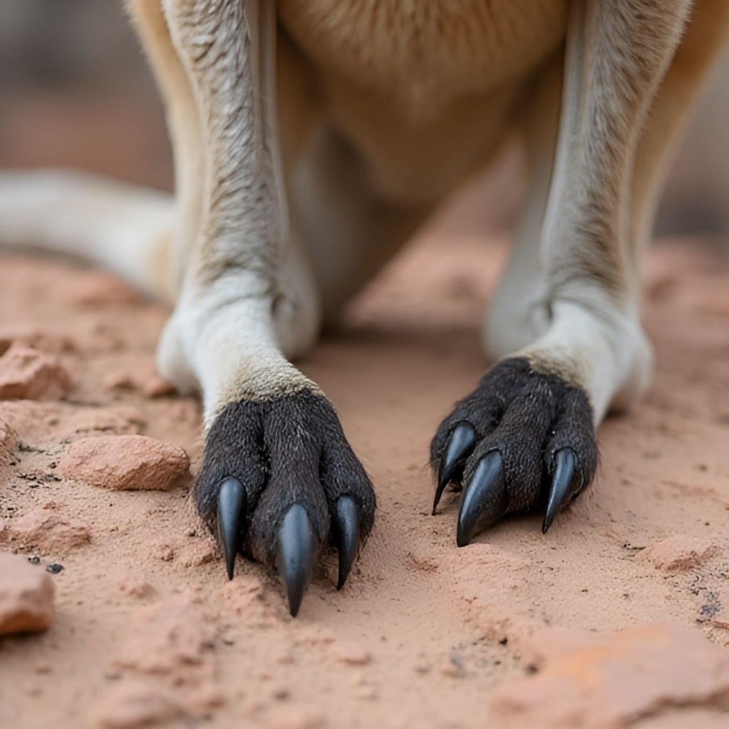 A close-up, low-angle photograph of a wallaroo's hind feet on a textured rock surface, highlighting the broad shape and roughened soles adapted for grip. The image should convey the animal's connection to its rocky habitat.