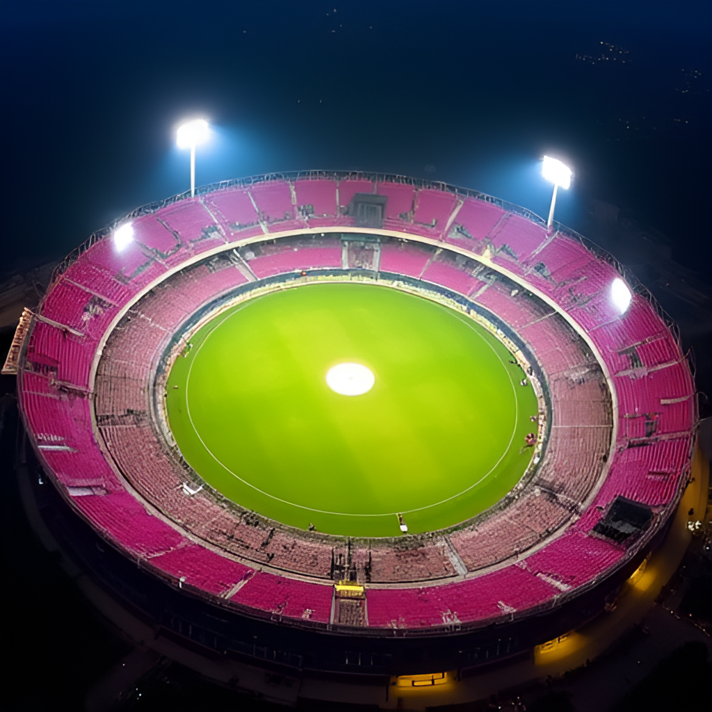 An aerial shot of the Sawai Mansingh Stadium in Jaipur during a day-night cricket match, showing the vibrant pink stands and the illuminated field
