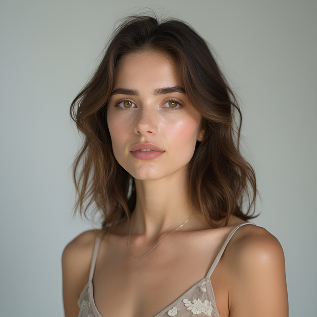 A studio portrait of a young actress with an intelligent and determined expression, set against a neutral background, symbolising her transition to screen and her upcoming role as a famous character.