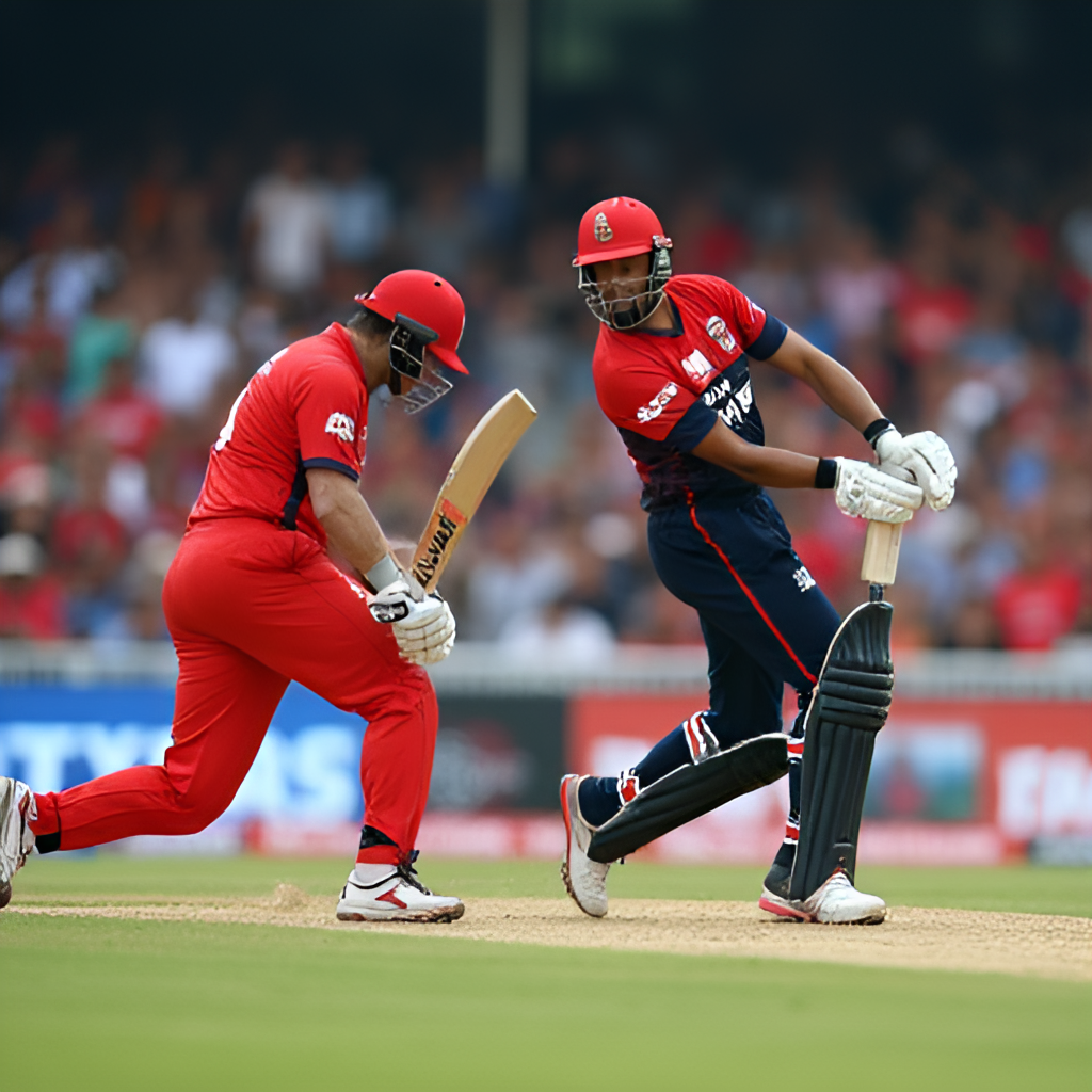 Close-up, action-oriented shot capturing the intensity of a player battle during an LSG vs RCB match, perhaps featuring a bowler in action and a batter preparing to hit, with a blurred background of the field or crowd, emphasizing the competitive focus.