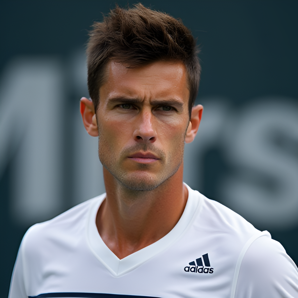 A portrait shot of Mackenzie McDonald looking determined, possibly holding a tennis racquet, against a neutral or tennis-related backdrop. Focus on his expression.