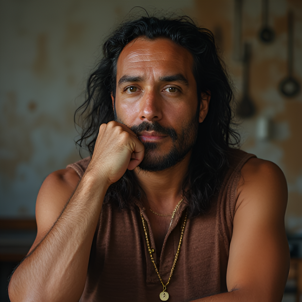 A portrait of Ezra Mam in a relaxed, thoughtful pose, perhaps incorporating subtle elements that hint at his Indigenous heritage or connection to community, such as a specific colour palette or background texture.