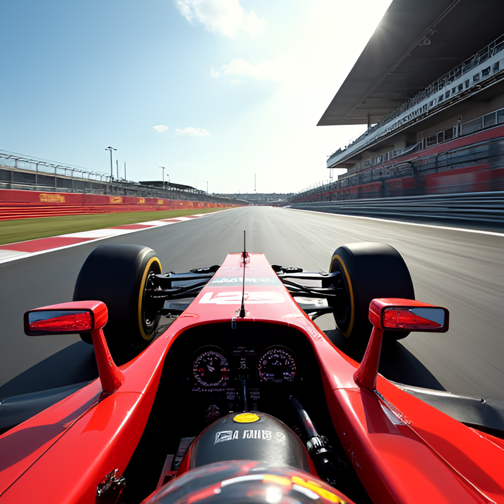 Dynamic, low-angle shot from the cockpit perspective of a modified F2 car (APXGP livery) on a real F1 track, conveying speed and G-force, perhaps at a famous corner like Eau Rouge or Silverstone.