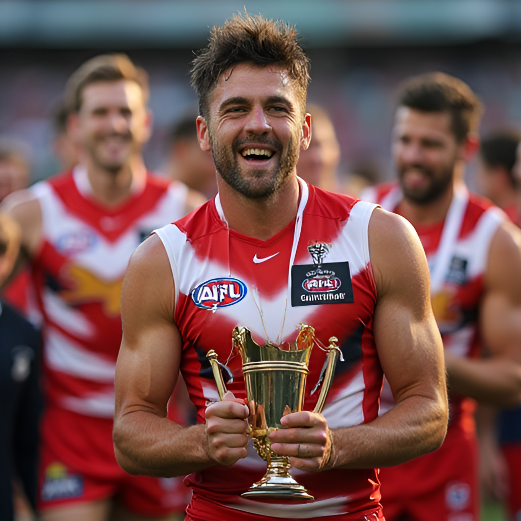A portrait-style image of Tom Liberatore celebrating with his Western Bulldogs teammates after the 2016 AFL Grand Final victory, holding the premiership cup or medal, conveying joy and accomplishment.