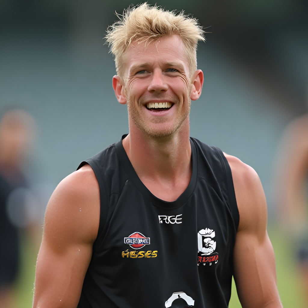 A portrait or mid-shot image of Lachie Whitfield, smiling and looking determined, perhaps in a training environment or during a break in play, conveying his personality and dedication.